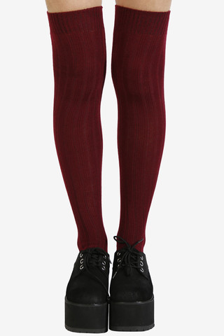 Ribbed Knit Thigh High Socks - Burgundy