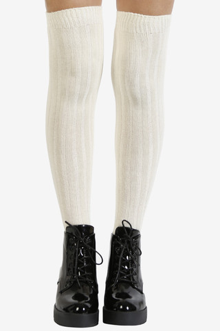 Ribbed Knit Thigh High Socks - Cream