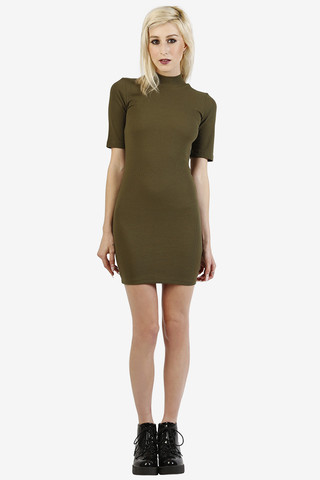 Lonna Ribbed Mock Neck Dress - Olive