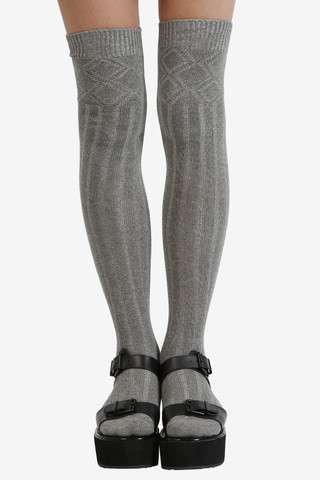 Grey Cable Knit Thigh High Socks