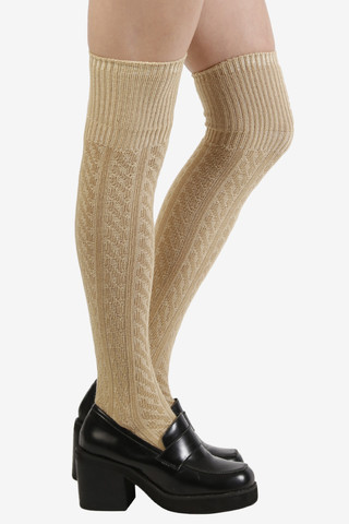 Tan Cable Knit Thigh High Socks