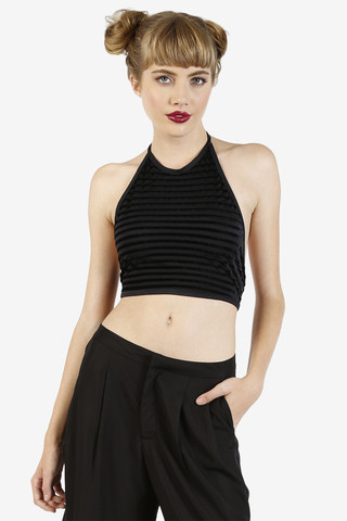 Party Line Black Striped Velvet Halter Crop Top by American Deadstock