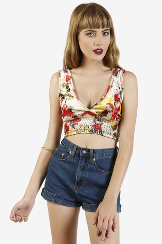 Velvet Floral V-Neck Crop Tank